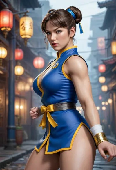 Photograph, Chun Li from the Street Fighter video game series. Chun Li is portrayed with fair skin and light brown hair styled in two buns with yellow ribbons. She has beautiful blue eyes and a determined expression. She is dressed in her iconic blue qipao with gold accents, showcasing her slim figure and powerful legs. Her hands are in a fighting stance, showcasing her muscular arms. The background is a misty, dimly lit environment with a blue hue. The image is a full-body shot, highlighting Chun Li's poised and powerful stance. wide hips, thick thighs and great BBL booty. The rendering is highly detailed, with realistic textures on her clothing and accessories., 8K, Ultra HD, Hyperrealistic, Realism, <lora:Chun-Li-SDXL:2>