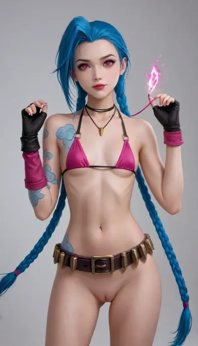 (league of legends), pink eyes, blue hair, Orgasmus in the Club Toilette, naked pervert, NSFW, wett pussy, Porno, sexy, Hot, horny, Perfect Pussy, original body, twintails, blue, hair, pink, eyes, masterpiece, realistic, jinx, (league, of, legends\), 1girl, solo, twin, braids, single, Micro Bikini, only, necklace, belt, fingerless, gloves, Micro string, <lora:MIAOKA_JINX_1.0_SDXL:.4>, <lora:Jinx_LOL_AnimeRealistic_SDXL_V1.0:.5>, <lora:jinx:1.4>