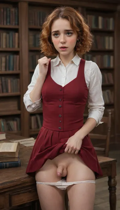 Sexy 25 yearold futanari, bending on corner of desk, (young, cute, tiny, pretty, petite), (((large brown eyes))), (((short redhead hair))), futanari Hermione Granger in Hogwarts uniform, she lifts her skirt, (her soft micropenis exposed), ((ejaculating from her tiny cock), ((shy, shocked, ashamed, embarrassed), (blushing:1.5)), in medieval library with books stacked on tables, ((upskirt view)), film photography, vintage, realistic, sharp focus, (very detailed), ((4K HQ)), High contrast, panties pull)