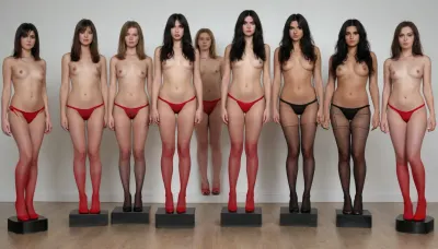 slender young woman standing on a small plinth, she is fully naked except for high heels, behind her other young women are lined up on identical plinths, very hairy pussy cunt, very hairy legs, very long straight black hair, hairy hips, hairy legs, very hairy foot, very hairy thighs, red hi hells, red crothless fishnet