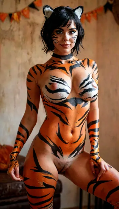 Masterpiece, cinematic, interesting angle, Sexy tiger costume, gorgeous 20yo instagram model with black hair and very large natural breasts naked with orange white and black tiger stripe print style body paint posing at a Halloween party, enormous areolae and big puffy nipples, smiling, (view from thighs up), very hairy bush, face paint, photo realism, central focus, but, h41ry, puffy, nipples, dark, ghost, wide, <lora:MJ52:2>, <lora:add-detail-xl:2>, <lora:BUT_SDXL_SHS:.3>, <lora:h41ry:1.5>, <lora:Nipples XL:.8>