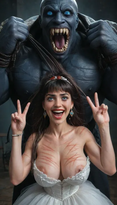 female drow elf barbarian, (dark night blue skin:1.82), tall, angry, busty, curvy, thin waist, big boobs, big butt, slim, athletic, fit, vitiligo, strong, (wearing Drizzt Do'Urdens armor, with bear fur pelt, dungeons and dragons inspired chainmail, purplish blue skin, black and purple hair, Dark, Elf, Warrior, Drow, tattooed, scarred, purple eyes, uberfit, muscular, blue skin, amazon, giant, fur barbarian armor, bloody, blood spatter, bear, bear heart), Dark, Elf, Warrior, Drow, tattooed, scarred, purple eyes, uberfit, muscular, blue skin, amazon, giant, fur barbarian armor, bloody, blood spatter, bear, bear heart, zavy-brbrn, defeating a woman in combat, fighting, killing, blood, winning fight, magazine cover, Realism_Quality_2xx_By_Stable_Yogi, score_9, score_8_up, score_7_up, (((very pretty face:1.3))), (((extremely ultra detailed face:1.3))), perfect fingers and hands, upper body view, (extreme size difference:1.6), (ultra realistic), (maximum quality), (high resolution), (extreme detail), (ultra realism), UHD, super high quality, highly detailed, high resolution, perfect lighting, natural lighting, Uber realistic, ultra detailed, masterpiece, 35mm photograph, film, professional, 4k, hdr, photographic, ultra realistic, ultra high details, back light, (dynamic pose), (dynamic angle), (random angle), (random pose), (dynamic view), (random view), best quality, volumetric lighting, golden hour lighting, dramatic shadows, rich details, nature-inspired color palette, hyperrealistic, 8K, BadX, Stable-Yogis-Makeup-Enhancer-XL, spectacular lighting, (vampirella:1.32), embarrassed expression, shy, blushing, (score_9, score_8_up, score_7_up, UHD 8K, masterpiece, best quality, maximum details, natural light, extreme realism, cinematic still), Beautiful brunette white woman, (cheating bride:1.5), (pale skin:1.5), (decorated luxurious bedroom), wedding veil, frazetta barbarian slave art, stockings, shocked, frightened, interracial, (gigantic African black brute thug, huge trunklike arms, huge head, hyper muscular body, dressed in slave clothes:1.2), (hands pulling hair hard, hair falling off:1.22), ((laughing insane, looking at viewer, big grin:1.5)), ((shows the V sign with his hands)), (extreme size difference:1.12), (eyes wide open in horror:1.44), (wide mouth spreader:1.18), (pleading expression:1.54), (terrified:1.58), (crying:1.98), (fear and panic:1.58), ((screaming in pain:1.46)), (huge dick:1.18), (whip marks:1.68), (whipped tits:1.67), <lora:Dark_Elf_Warrior:2>, <lora:Drow:2>, <lora:uberfit_lora_sdxl:2>, <lora:zavy-brbrn-sdxl:.5>