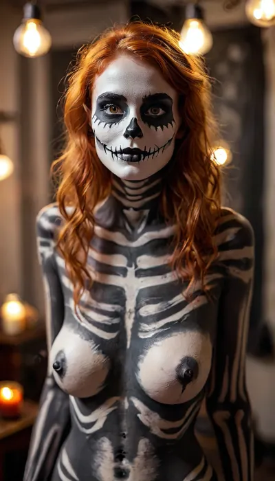 Sexy skeleton costume, gorgeous 20yo red-haired instagram model with very large natural breasts naked with black and white skeleton style bodypaint at a Halloween party, smiling, full body view, hairy bush, face paint, central focus, but, <lora:MJ52:2>, <lora:add-detail-xl:2>, <lora:BUT_SDXL_SHS:.3>