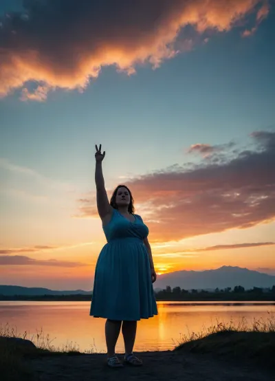 A surreal twilight silhouette scene featuring a 30 years old fat chubby woman standing outdoors during sunset, raising one arm with two fingers extended in a peace sign. The sky behind them is filled with clouds and transitions from deep blue at the top to warm orange and yellow near the horizon. The contrast between the dark silhouette and the vibrant sky creates a serene and emotionally resonant atmosphere. Cinematic composition, wide-angle shot from low angle, pastel color grading, 8K resolution, ultra-detailed textures., <lora:Chubby BBW - XL:2>