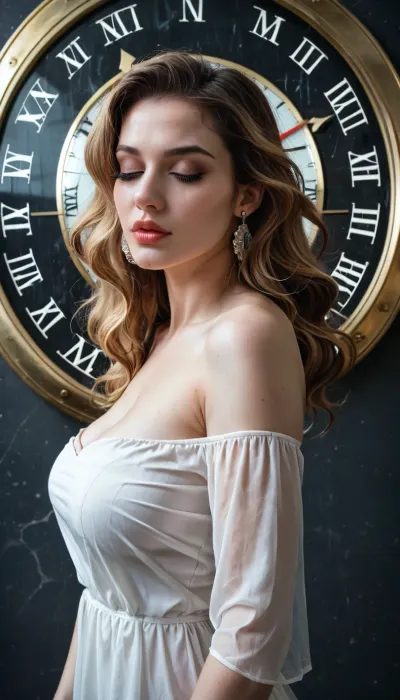 A digital illustration shoot from a profile camera angle about a stylized portrait of a woman with pale skin and long, wavy blonde hair, set against a dark, industrial background with a large, circular clock face. the clock face is illuminated with a blue hue, creating a striking contrast with the woman's pale skin. the woman is positioned in the center of the image, facing the viewer with a contemplative expression. she is wearing a strapless, off-the-shoulder dress that accentuates her curves and gives her a sense of depth and dimension. her hair is styled in loose waves and falls down her back, framing her face perfectly. her eyes are closed, and her lips are slightly parted, giving her a serene and contemplative look. the overall effect is one of mystery and intrigue, with the text "clock tower" and "super famicom" at the bottom left corner, adding to the overall sense of intrigue and sophistication.