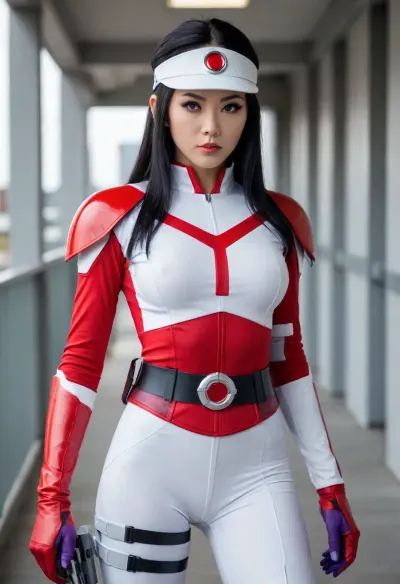 Japanese woman, super heroine, futuristic form-fitting red and white costume, shoulder-length black hair, red and white sun visor, serious expression, blue eyes, high-collared top with a purple gem in the center, light gray utility belt with pouches, and thigh-high white boots with red accents
