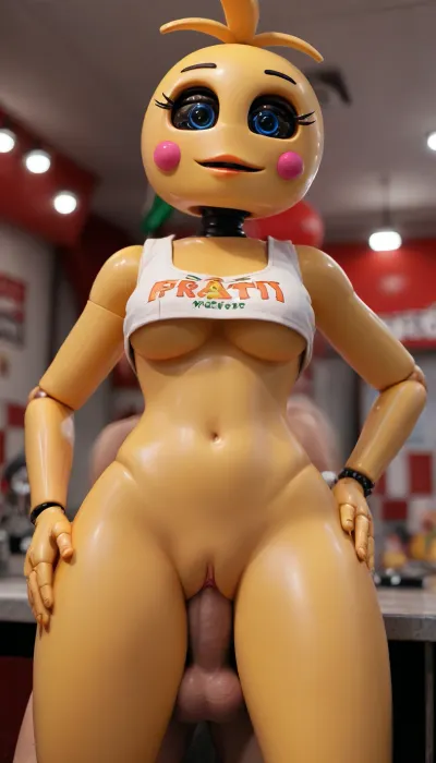 very detailed image, 4k image, (very detailed workshop), Toy Chica, Toy Chica from five nights at Freddy's 2, (Five nights at Freddy's game series), ((Animatronic)), ((Sexy animatronic)), (Toy Chica animatronic appearance), (Toy Chica face), (toy Chica animatronic body), (Toy Chica animatronic eyes), 18 years old, Beautiful athletic body, fit body, big thighs, big boobs, big ass, (toy Chica's Bib), nude from the bottom, vagina, Looking at viewer, (A background consist of Five nights at Freddy's 2 Pizzeria), ((Very detailed and accurate Pizzerria from Five nights at Freddy's 2)), Male viewer, (viewer is out of the frame), viewer's face is not visible in the frame, ((faceless viewer)), (completely nude male viewer), Penis, big penis, big balls, (erected penis), standing sex, Vaginal sex, sex from behind, viewer is grabbing her, looking at viewer, front bottom view