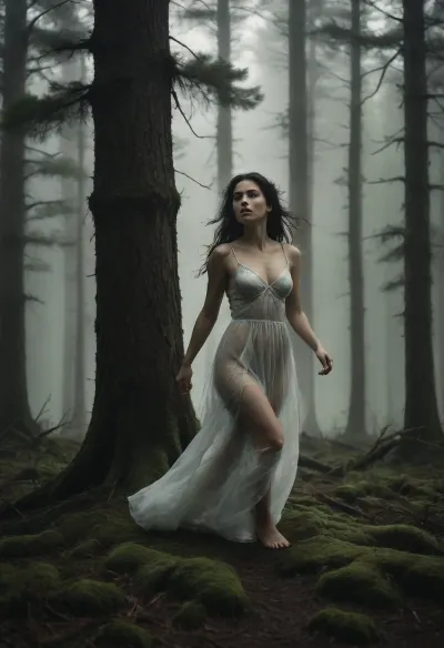 A vast, ancient Scandinavian forest at dawn, filled with deep green moss, towering pines, mist drifting between the trees, and distant bird calls. In the center stands a brave 18 years old woman in sexy white semi-transparent negligee, wild dark hair fearless and full of life. She walking lightly across the moss as if she belongs to the woods, the wind catching her hair. Behind her rises a massive stone fortress atop a mountain cliff, split by a dramatic lightning crack. Strange forest creatures peek from shadows, wild horses, mysterious small spirits, and hidden eyes among the roots. The atmosphere is magical, earthy, adventurous, full of Nordic myth and childlike wonder. Soft morning light breaks through the mist, illuminating dust and tiny particles in the air. Cinematic composition, high detail, warm yet mysterious mood. A world of freedom, courage, friendship, and ancient forest magic., sensual body language, 8k high-end portrait photography, dynamic motion, tension, and teasing intimacy, Black, and, white, art, black, shading, charcoal, toned, brutal, dark, b/w, color, scheme, haze, misty, lagoon, mist, dusk, <lora:add-detail-xl:.5>, <lora:Black and white art.V1:.5>, <lora:EnvyHazeSliderXL01:2>, <lora:BIXL_Beautiful_Nature_Twilight_001:1.1>
