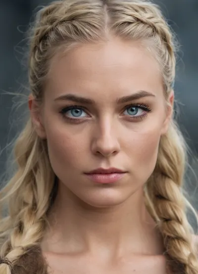 30 year old female viking, long blonde braided hair, light blue eyes, beautiful face, cute nose, high cheekbones, strong wide jaw, big bushy eyebrows