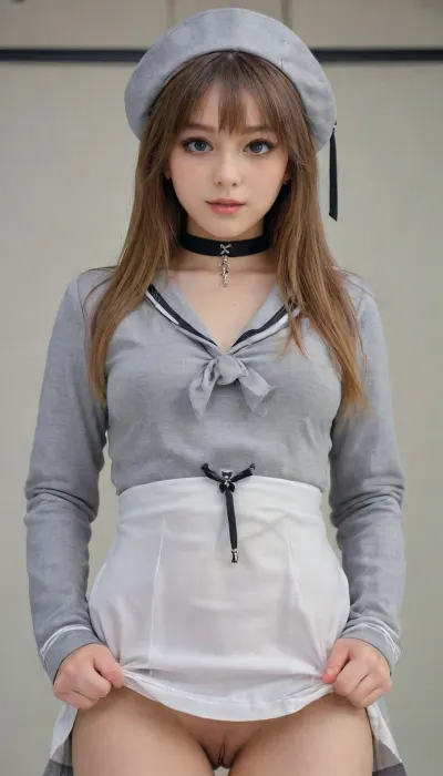 hentai, NSFW, 1girl, kpop idol beauty, realistic face, extremely detailed face, lifelike, sparkling round eyes, small straight nose, thin lips, tall petite body, dress, hat, head tilt, simple background, looking at viewer, choker, long sleeves, chain, grey background, white dress, beret, sailor collar, closed mouth, neckerchief, standing, cross, black choker, coat, white background, black dress, (vagina), skirt, lift, upskirt, front view, eye level, <lora:heita_Dim8:.1>, <lora:skirtLift:.1>, <lora:upskirt:.1>