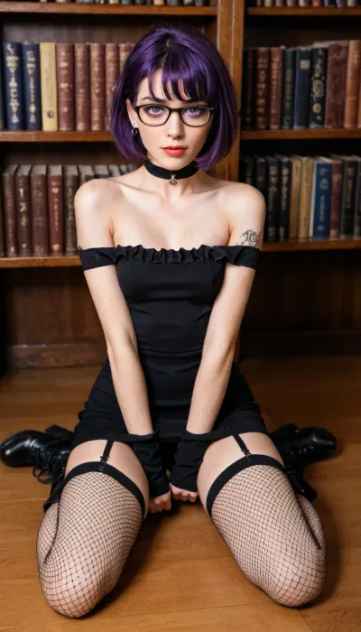 A photo-realistic shoot from the front, about a young woman with short purple hair and glasses sitting on the floor in a library, wearing a revealing outfit consisting of a black off-the-shoulder dress, fishnet stockings, and black boots. the image also shows a bookshelf filled with colorful books in the background. on the middle of the image, a 20-year-old woman appears to be sitting on a wooden floor, looking directly at the viewer with large, expressive eyes and a surprised expression. she has short, purple hair styled in a bob cut and is wearing glasses. her body is slim, but big breast and she has tattoos on her arms and legs. she is wearing a black choker around her neck and a black dress that is pulled up to reveal her bare shoulders and small breasts. her hands are clasped together in front of her, and there is a small amount of cum on her face and chest. the lighting is soft and warm, creating a cozy atmosphere in the library. the style is detailed and semi-realistic, with a focus on the character's expression and body language.