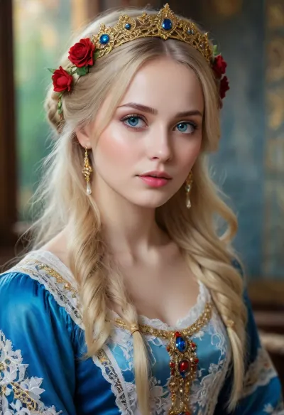 Use my wife generate ? Natalii 24 Ukrainian foto profile galery, https//www.deviantart.com/natalii24hot
Portrait of a Russian beauty in national costume, lace filigree of bright, rich color. Super clear, blond hair, highly detailed watercolor, glaze technique, plus colored alcohol ink, style of V. Vasnetsov