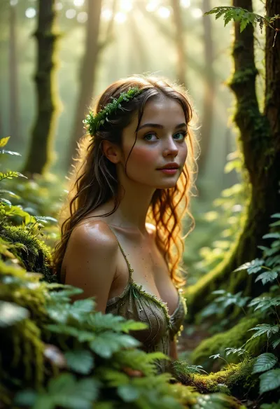 In the heart of an ancient, enchanted forest, a serene woodland glade emerges at dawn. The ground is blanketed in a lush, vibrant green moss, soft underfoot and dotted with delicate ferns and tiny, dew-kissed flowers. Tall, ancient trees surround the clearing, their trunks covered in velvety moss and their branches intertwined with creeping ivy. Soft beams of golden morning light filter through the dense canopy, casting ethereal patterns on the forest floor. A gentle mist weaves through the trees, adding an aura of mystery and magic to the scene, a 22 years old woman stands quietly, her eyes wide with wonder and a gentle smile playing on her lips. The forest around her is alive with the soft rustling of leaves and the distant calls of woodland creatures. The atmosphere is filled with a sense of peaceful anticipation, a moment of pure, youthful magic.This scene is rich in detail, capturing the essence of first love, the excitement of the unknown, and the timeless beauty of nature, all bathed in an epic, cinematic glow, (maximum photo quality:1.4), (maximum resolution:1.5), <lora:MJ52:.6>, <lora:Super_Eye_Detailer_By_Stable_Yogi_SDPD0:.3>, <lora:BUT_SDXL_SHS:.3>, <lora:Sweaty_Realism_4-000006:.8>, <lora:Italian_girl:.8>