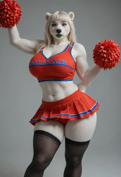 ((polar bear woman, Anthro, anthrofied, bear, big ass, big breasts, big thighs, cut)), empty hall, (cheerleader uniform, high stocking:1.3), lean body, (looking at viewer, seductive pose), finger claws, thick lips, green lips, (((furry art, anthro woman))), ultra detailed face, <lora:add-detail-xl:1.2>