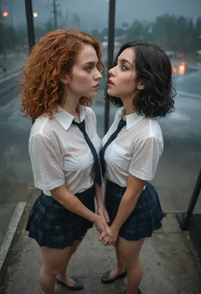 View from above. Drawing with oil strokes. Two girls in white shirts with ties and Scottish skirts, one petite girl with black hair with short hair, the other taller girl with ginger long curly hair, standing near a Semi truck, rain, gloomy, night