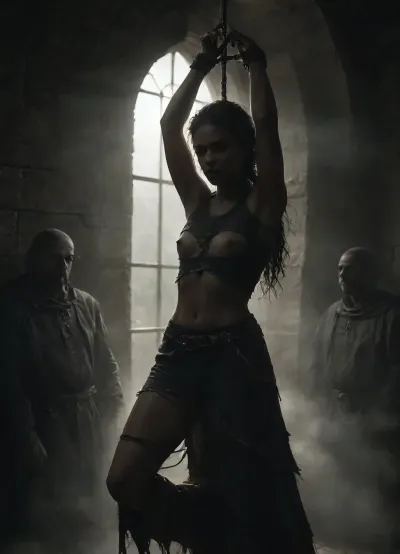 3 black slender flat-chested african womans, 3 womans, black Skin, 45 years, female prison inmate, (wears torn medieval clothing:1.6), pants are torn, ripped clothes, torn clothes, vertical suspension bondage, arms tied above head to bars, centre of prison cell, murky lighting, night, moon through prison barred window, side angle, full view, three-point perspective, cloudy, smoke, atmospheric, clouds, fog, sunlight_str1, Black, and, white, art, black, shading, charcoal, toned, brutal, dark, b/w, color, scheme, <lora:dark:.1>, <lora:Cloudy_Style:.7>, <lora:sunlight_str1-SDXL_v1-dim64-steps1691:1.1>, <lora:Black and white art.V1:.4>