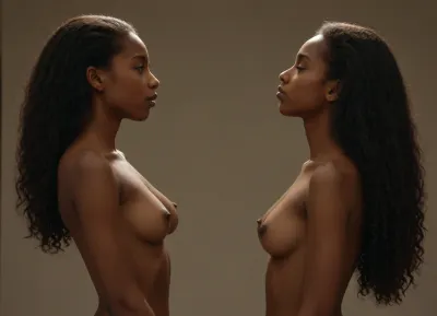 side view of a very light-skinned black girl, 18 years old. skinny. very cute. naked. incredible breasts with tanlines and big prominent nipples. wide shot captures her whole body from the waist up. profile view shows her breasts lined up neatly. she has really long hair. her hands are on or behind her head