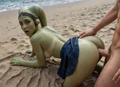 (((hera syndulla, green Twi'lek))), hera, syndulla, Female, sex, (anal sex:1.3), laying on stomach ass up, lower back arched, mouth wide in shock, eyes wide in shock, yelling, (surprised:1.3), normal cock, (anal doggy style fuck:1.3), lean body, thighs, focus on face, perfect face, mouth open wide in shock, blushing, one leg up, perfect heart shaped ass, waist waist waist, outdoors, beach, lifting skirt, long legs, waist, long limbs, breathing in, looking at viewer, tanline, <lora:detailed_notrigger:1>, <lora:add-detail-xl:.8>, <lora:LCMTurboMix_Euler_A_fix:.8>, <lora:Hera_Syndulla_XL:1.2>, <lora:twi'lek:1.2>