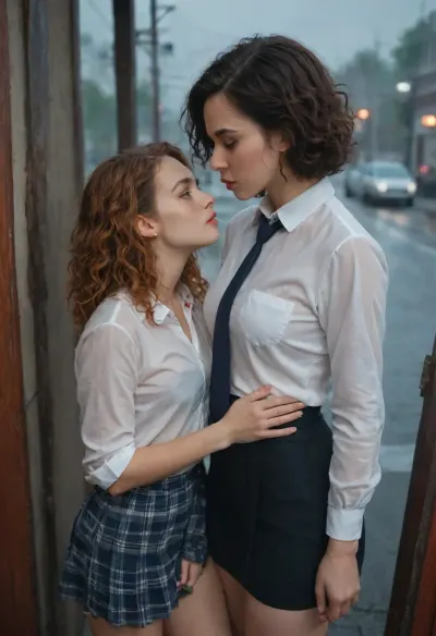 View from above. Drawing with oil strokes. Two girls in white shirts with ties and Scottish skirts, one petite girl with black hair with short hair, the other taller girl with ginger long curly hair, standing near a Semi truck, rain, gloomy, night. Rain soaked clothes. Kissing passionately. Lifting their skirts fingering their pussies