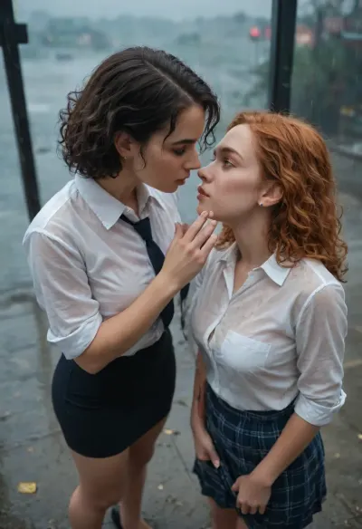 View from above. Drawing with oil strokes. Two girls in white shirts with ties and Scottish skirts, one petite girl with black hair with short hair, the other taller girl with ginger long curly hair, standing near a Semi truck, rain, gloomy, night. Rain soaked clothes. Kissing passionately. Hands up their skirts fingering their pussies