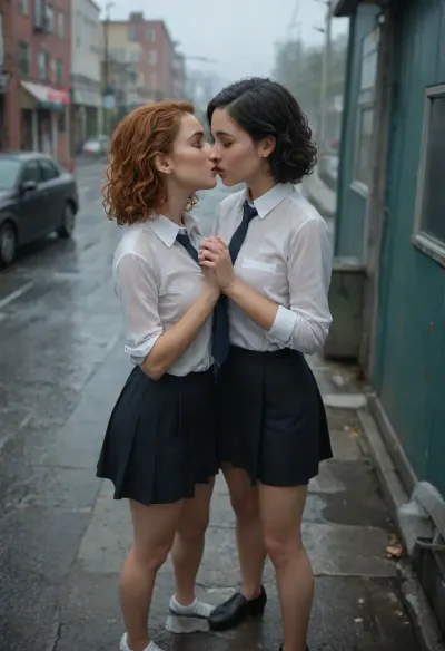View from above. Drawing with oil strokes. Two girls in white shirts with ties and Scottish skirts, one petite girl with black hair with short hair, the other taller girl with ginger long curly hair, standing near a Semi truck, rain, gloomy, night. Rain soaked clothes. Kissing passionately. Hands up their skirts fingering their pussies