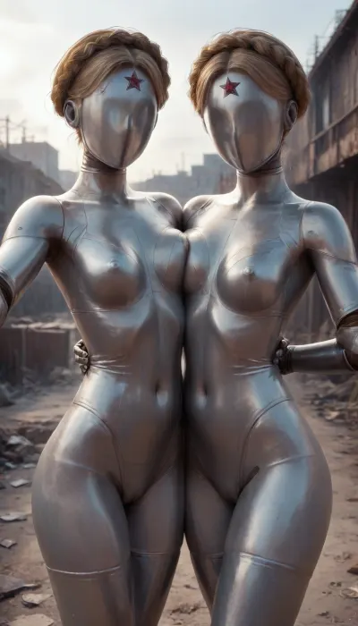 sex, two girls, atomic heart, city steampunk, selfie, (Two ballerinas:1.9), Silver leather, simulation, fantasy, post apocalypse, style fallout, AtomicHeartTwinsCosplay, woman, robot, joints, blond, hair, thighhighs, redstar, on, forehead, bodysuit, thigh, gap, large, breast, reflexion, fallout, falloutart, ohwx, style, <lora:AtomicHeartTwinsCosplay_SDXL:2>, <lora:Twins1024:2>, <lora:Instagram_Selfie_SDXL:2>, <lora:fallout_sdxl_lora:2>, <lora:spawa_rk128:2>