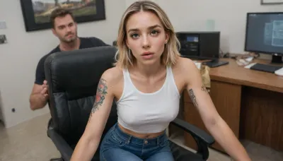 gwen stacy, girlfriend, extreme slight build, perky boobs, round ass, natural brown hair with blonde streaks, long neck, mikrostomie, extreme tight lipped mouth, extreme tight mouth, big fleshy nose, big brown eyes, big eyelashes, extreme trimmed eyebrows, triangle head form, angular face natural light brunette with blonde streaks, angular face, big forehead, both arms completely tattooed, chest tattoo, heavily tattooed, leg tattoos, ultra slight mouth, ultra slight lips, ultra slight eyebrows, sitting on chair at office, tight blue jeans, white tank top, white sneakers