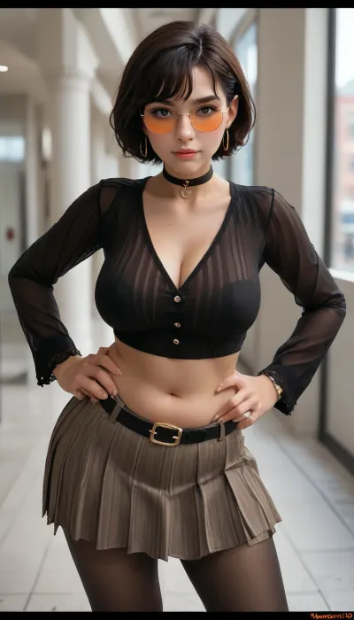 Chocolate skin g5r3 5n her 30s belly belly folds pleated skate skirts chocolate skin dark skin chubby bob hairstyle incase style, 1girl, mole on cheek, solo, hands on hips, tinted eyewear, earrings, jewelry, skirt, choker, large breasts, short hair, mole under mouth, belt, leaning forward, smile, orange-tinted eyewear, glasses, pantyhose, see-through, mole on breast, black choker, looking at viewer, multiple moles, brown hair, black hair, dark-skinned female, dark skin, striped, round eyewear, vertical stripes, shirt, makeup, thick eyebrows, eyeshadow, lips, buckle, <lora:Incase_Style__SDXL:.9>