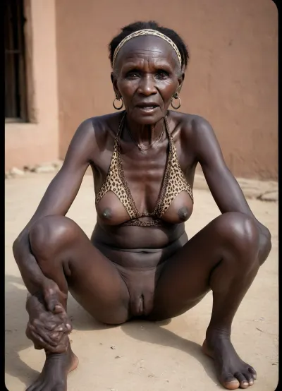 Extremely old homeless and destitute Himba Granny, (((99yo granny))), from Botswana. Skeletal thin body and small flat saggy breasts, full body image, (((darkest ebony skin:1.6))), bright lips, black braided African hair, legs wide apart showing wide cameltoe between legs, very wide skinny hips, . Thin body Infected with Aids, sheer animal skin bra, floppy empty saggy breasts, hairy old pussy. shiny elongated black elongated nipples, sheer Leopard print knee high fishnet stockings, high heel shoes, bald head, front teeth missing. Very angry expression, in great pain. African tribal setting