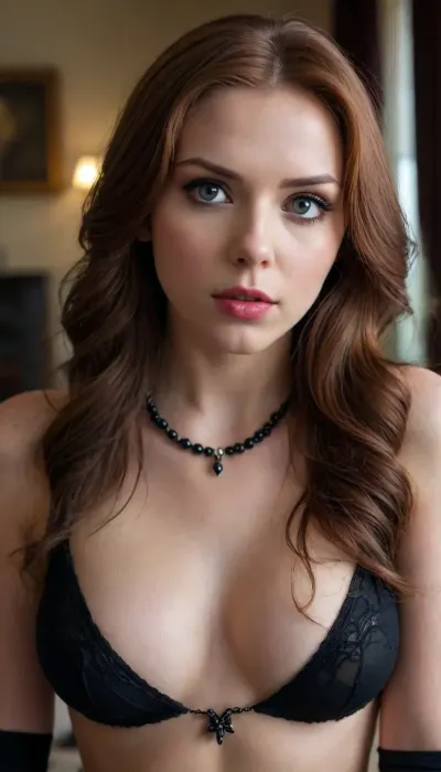 black widow, 18 years old girl, very long hair, bright eyes, medium breasts, nipples, with black stockings, wearing black pearl necklace