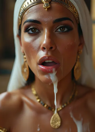 40 year old female Hatchepsout Pharao Queen, Ancien Egyptian beauty, Arabian face, Egyptian face, covered in thick white realistic cum, sexy expression, orgasm, orgasm face, Mouth half open, tongue on lip, eyes half closedwoman, cum, on, face, <lora:MJ52:.3>, <lora:BUT_SDXL_SHS:1.3>, <lora:add-detail-xl:.7>, <lora:CinematicStyle_v1:2>, <lora:JustCum:1.7>
