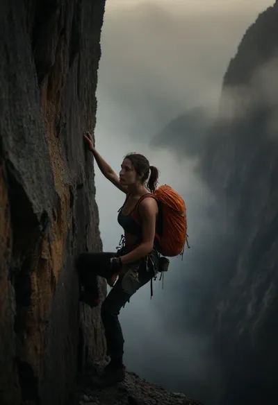 A young woman, about 23 years old, (is climbing an imposing mountain with a dramatic overhang:1.7), (She wears form-fitting attire that highlights her athletic physique:1.4), The scene is set in a misty, desaturated environment, capturing the intensity of her climb. The camera angle remains wide, ensuring that her face is subtly suggested rather than in close-up, focusing instead on the overall dynamic and the challenging environment. The atmosphere is adventurous, self-assured, and beautifully balanced, dynamic motion, tension, and teasing intimacy, haze, misty, lagoon, mist, dusk, cloudy, smoke, atmospheric, clouds, fog, <lora:EnvyHazeSliderXL01:1.3>, <lora:BIXL_Beautiful_Nature_Twilight_001:1.1>, <lora:Cloudy_Style:.8>, <lora:MJ52:1>