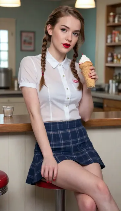 Detailed colour drawing of a petite 21 year old coquette. Auburn hair in braids. Pouting lips with red lipstick. Wears a plain white short-sleeved shirt and a dark blue plaid skirt. Slender coltish legs. Red Converse All Star sneakers. Her hair and clothes are soaking wet and cling to her body. She sits on a stool by the counter of an old fashioned malt shop. She leans down to drink an ice cream soda with whipped cream and a cherry on top through a straw from a tall sundae glass on the counter
