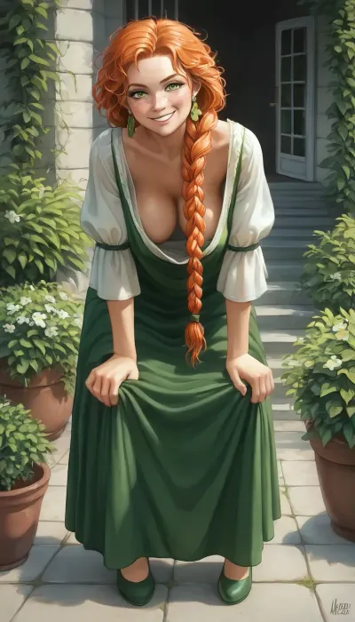 Irish girl, 21 years old, ginger hair, long braided hair, perfect green eyes, smile, seductive face, freckless, traditional irish peasant dress, cleavage, (huge natural tits), skinny, in the garden, (((full body))), breasts, clothing, leans forwards, smirking, showing her breast almost hanging out of her loose dress, downblouse, nipslip, <lora:RealDownblouseXL2:.8>