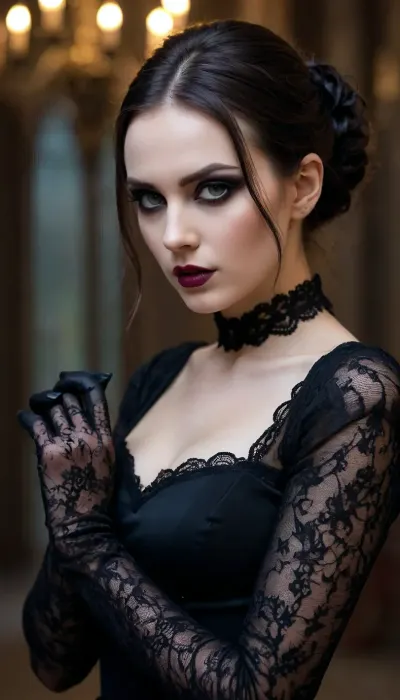 gothic woman age 25, long lace gloves, revealing black dress, heavy make up