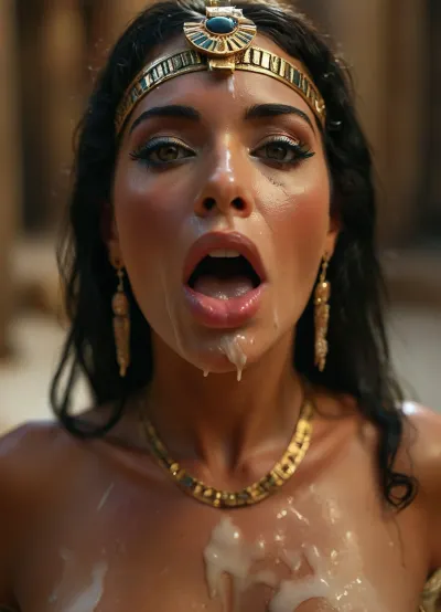 40 year old female Cleopatra Queen, Ancien Egyptian beauty, covered in thick white realistic cum, sexy expression, orgasm, orgasm face, Mouth half open, tongue on lip, eyes half closedwoman, cum, on, face, <lora:MJ52:.3>, <lora:BUT_SDXL_SHS:1.3>, <lora:add-detail-xl:.7>, <lora:CinematicStyle_v1:2>, <lora:JustCum:1.7>