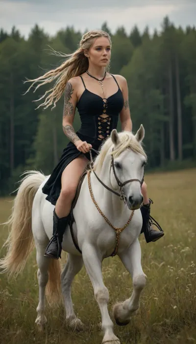 fantasy setting, beautiful woman, tall, slim and curvy body, sexy, tattoos on her legs, long blonde hair gathered in braids, dressed in Nordic black style, showy necklace, riding a white pegasus in a meadow, hksky, <lora:RulersOfTheSkyXL:1.1>
