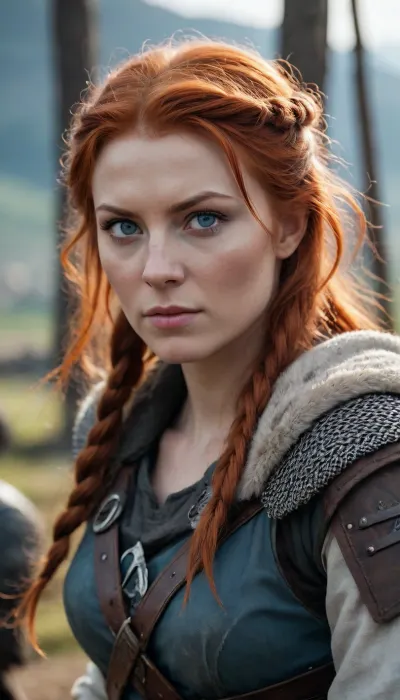 Female Viking with red hair and light blue eyes in the style of Assassin's Creed Valhalla, full view