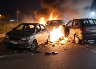 A car accident, on the motorway, in the middle of the night, pile-up, injured bodies inside and outside the vehicles, vehicles involved in accidents, fire, explosions