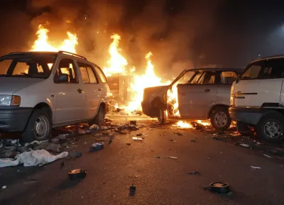 A car accident, on the motorway, in the middle of the night, pile-up, injured bodies inside and outside the vehicles lying on floor, lots of vehicles involved in accidents, fire, explosions, broken vans and cars
