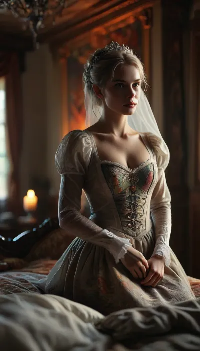 Begin with a vivid scene of the queen, around fifty years old, slender, flat-chested, and radiating an elegant, mature beauty. She is lying gracefully upon her grand, ornate canopy bed, wrapped in an exquisite, luxurious nightgown made from fine medieval fabrics. The folds of the garment catch the warm light as she reclines comfortably against embroidered pillows, completely absorbed in the book she is reading. Her posture conveys both nobility and serenity, as though the quiet of the evening belongs entirely to her, (gets lesbian oral sex from her 20 years old obedient maid:1.8), (hidden maid kneels under her dress:1.5), The royal bedroom around her should appear magnificently detailed and authentically medieval. Massive stone walls, softly polished and smooth from age, form the heart of the chamber. They are adorned with richly woven tapestries depicting scenes of myth, royalty, and heraldry, adding warmth, color, and a sense of prestige to the otherwise cold stone surface. These hangings quietly sway in the subtle draft created by the room’s great stone fireplace, (high resolution:1.5), 8k, perfect tealistic photo, neon_style, saturated, colors, High detail, excellent image quality, DonMSp3ctr4lXL, mad-2cbrrm, mad-1cbrrm, <lora:BUT_SDXL_SHS:.4>, <lora:MJ52:.8>, <lora:DonMSp3ctr4lXL-000008:.3>, <lora:Neon_Cyberpunk_Cyberarm_SDXL:.2>