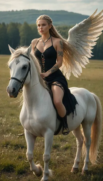 fantasy setting, beautiful woman, tall, slim and curvy body, sexy, tattoos on her legs, long blonde hair gathered in braids, dressed in Nordic black style, showy necklace, riding a white pegasus in a meadow, hksky, <lora:RulersOfTheSkyXL:1.3>