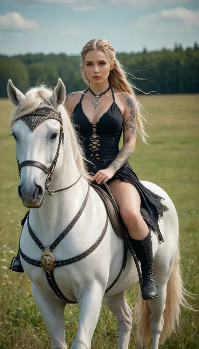fantasy setting, beautiful woman, tall, slim and curvy body, sexy, tattoos on her legs, long blonde hair gathered in braids, dressed in Nordic black style, showy necklace, riding a white pegasus in a meadow, hksky, <lora:RulersOfTheSkyXL:1.2>