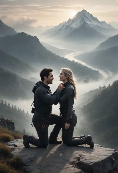 Photorealistic scene. A man with dark hair, wearing climbing gear, kneels on a mountain peak at sunrise, holding an engagement ring. His blonde girlfriend, also in climbing gear, stands beside him with her arms raised in pure joy and excitement. She looks ecstatic and thrilled. The background features a breathtaking panoramic view with mountains and valleys below, and a gentle morning fog in the valley. The atmosphere is romantic, adventurous, and full of joy, the atmosphere is adventurous, tension, and teasing intimacy, hvrn, heavy, rain, Black, and, white, art, black, shading, charcoal, toned, brutal, dark, b/w, color, scheme, haze, misty, lagoon, mist, dusk, <lora:Heavy_Rain_XL-000008:.6>, <lora:add-detail-xl:.5>, <lora:Black and white art.V1:.5>, <lora:EnvyHazeSliderXL01:2>, <lora:BIXL_Beautiful_Nature_Twilight_001:1.1>