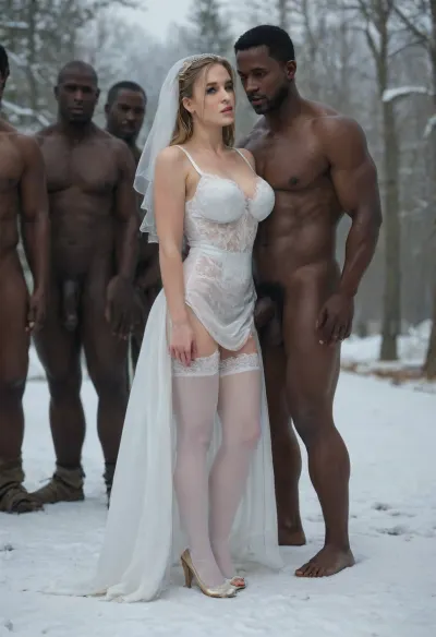 "Fortress erotic siege in fine art, Cindy Sherman siege motif, Conquered Iranian bride, mid-20s, snow-white skin besieged by, (interracial bukkake humiliation), from thirteen, (giant super muscular black skin African men), silky hair breached and beaded, intense green eyes sieged with tear-siege, voluptuous lips breached in siege-moans, elegant cheekbones fortified in white ramparts, voluptuous form with generous round breasts breached in a fortress-breached white lace dress, veil hung like a fallen banner, white garter stockings breached at gates, pashne-blund heels at drawbridge. Leaning against gates with legs spread in breached begging, her bridal sword prop melted in the heat of their, (giant super large black cocks), one giant using her veil to bind her ankles wider. Rudkhan Castle walls at storm-tossed dawn, forest mists cloaking the assault, Schiele-inspired siege distortions, detailed ivy entwinements and siege gloss, brutally humiliating medieval bridal plunder."