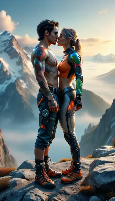 Photorealistic scene. A 25 years old man with dark hair, wearing climbing gear, stands on a mountain peak at sunrise, He stands with his pants half pulled down and receives a blowjob, his blonde 25 years old girlfriend, also in climbing gear, kneels beside him with her mouth sucked in pure joy and excitement. The background features a breathtaking panoramic view with mountains and valleys below, and a gentle morning fog in the valley. The atmosphere is romantic, adventurous, and full of joy, the atmosphere is adventurous, (high resolution:1.5), 8k, perfect tealistic photo, neon_style, saturated, colors, High detail, excellent image quality, DonMSp3ctr4lXL, mad-2cbrrm, mad-1cbrrm, <lora:BUT_SDXL_SHS:.4>, <lora:MJ52:.8>, <lora:DonMSp3ctr4lXL-000008:.3>, <lora:Neon_Cyberpunk_Cyberarm_SDXL:.2>