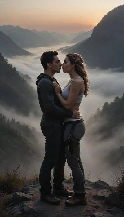 Photorealistic scene. A 25 years old man with dark hair, wearing climbing gear, stands on a mountain peak at sunrise, He stands with his pants half pulled down and receives a blowjob, his blonde 25 years old girlfriend, also in climbing gear, kneels beside him with her mouth sucked in pure joy and excitement. The background features a breathtaking panoramic view with mountains and valleys below, and a gentle morning fog in the valley. The atmosphere is romantic, adventurous, and full of joy, the atmosphere is adventurous, tension, and teasing intimacy, hvrn, heavy, rain, Black, and, white, art, black, shading, charcoal, toned, brutal, dark, b/w, color, scheme, haze, misty, lagoon, mist, dusk, <lora:Heavy_Rain_XL-000008:.6>, <lora:Black and white art.V1:.5>, <lora:EnvyHazeSliderXL01:2>, <lora:BIXL_Beautiful_Nature_Twilight_001:1.1>, <lora:Dramatic_penis_SDXL:1.5>