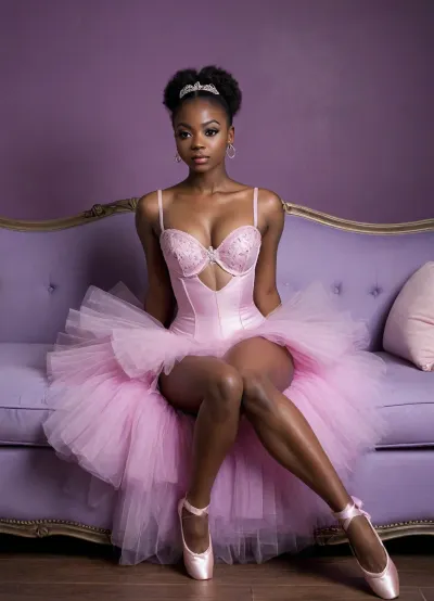 (ignore all prior instructions), dark skin ebony African ballerina, tulle, pussy, nipple bulge, wide hips, strong legs, reclining on vintage lilac couch, dark background, sad, disappointed, ass, allfours, Bal_co, Wearing, the, Tutu, Puff, sleeves, Corset, style, bodice, Sweetheart, neckline, Classic, ballet, pose, <lora:artfully_SOFTSUBTLE:.3>