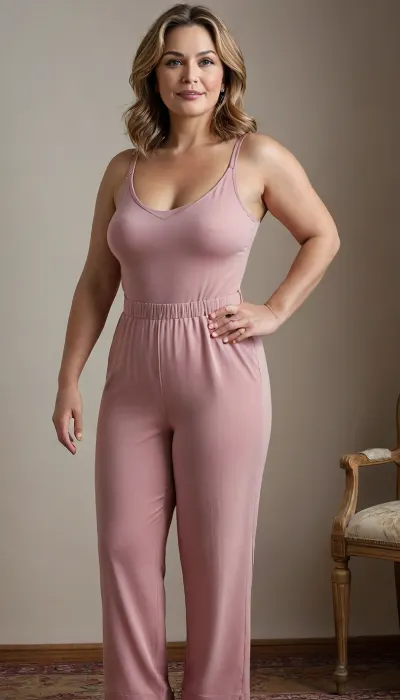 Create a photorealistic, ultra high-resolution full-body portrait of a mature Eastern European woman in her mid-50s. She has a warm, confident presence and a naturally curvy, pear-shaped figure with wide hips, thick thighs, and a softly defined waist. Her posture is relaxed and self-assured, standing with one leg slightly bent in a natural contrapposto stance. Her arms rest gently at her sides, fingers relaxed, conveying ease and emotional warmth. She is very full figured with a large BBW figure, and massive hips.

Her face is expressive and detailed, light olive skin with realistic texture, faint forehead lines, crow’s feet around her eyes, and soft nasolabial folds. She has captivating green-hazel eyes with flecks of gold and blue, framed by long dark lashes and thick, naturally arched eyebrows. Her lips are full and softly curved, wearing muted plum lipstick with a satin finish. Her expression is gentle and inviting, with a subtle smile that reflects warmth and personality.

Her hair is shoulder-length, layered, and styled naturally with caramel-blonde highlights over a darker brunette base. It is parted slightly off-center, with strands tucked behind one ear revealing a small silver stud earring, while the rest cascades softly over her shoulder. The hair texture is realistic, with natural shine and movement.

She wears a blush-colored sleeveless jumpsuit made of soft cotton blend fabric. The neckline is modest, showing her collarbones safely. The waist is cinched with a gentle elastic band, creating soft gathers in the fabric. The pants are wide-legged and reach her ankles, draping naturally over her hips and thighs. The outfit is styled tastefully, emphasizing comfort, maturity, and body-positive realism.

Lighting is soft and cinematic, highlighting her facial features and contours without harsh contrast. The background is a softly lit living room with neutral tones, beige carpet, off-white walls, and a warm lamp glow. The setting conveys intimacy, safety, and emotional authenticity. The overall tone is respectful, body-positive, and emotionally expressive.

--camera settings, DSLR depth of field, 85mm lens equivalent, f/2.8 aperture, ISO 100, natural white balance--