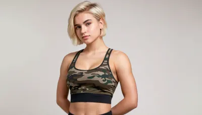full body view of a cute 18-year old boy, feminine, short blonde hair with undercut, super tight fit camo tank top, curvy, ((armpits)), very large pectoralis major muscle, (((cute round feminine face))), plain white background, ((boobs)), dominant look